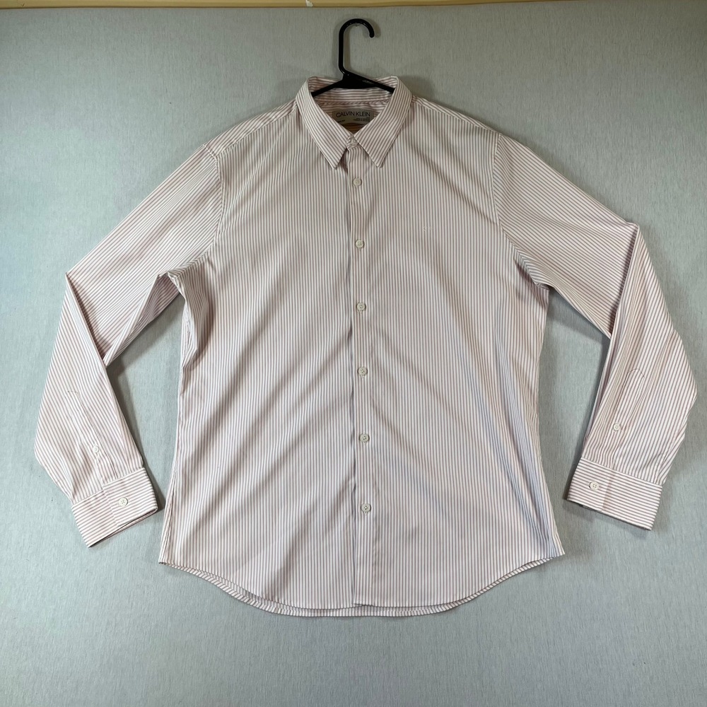Calvin Klein Move 365 Shirt Mens Large Pink White Striped Stretch Button Down
